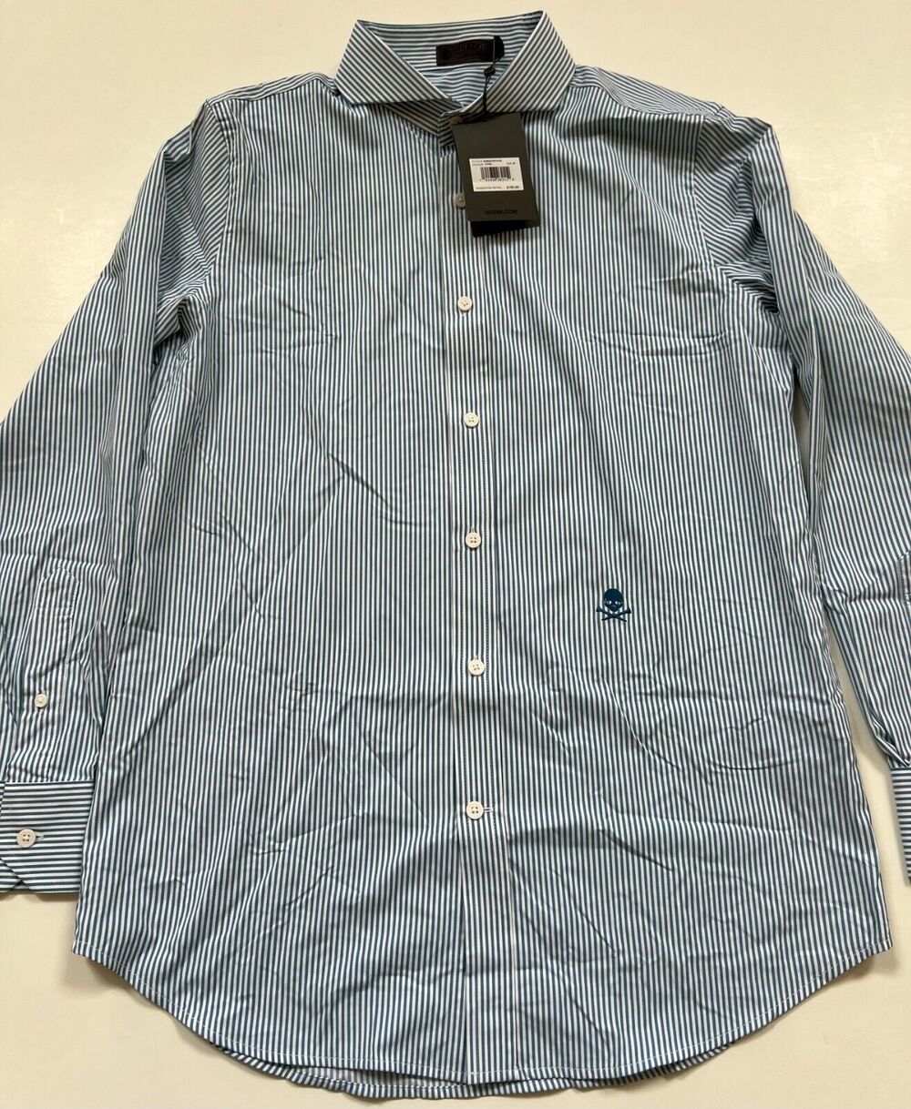 G/FORE G4 Striped Button-Down Skull & Bones Dress Shirt Blue Men's Size M.